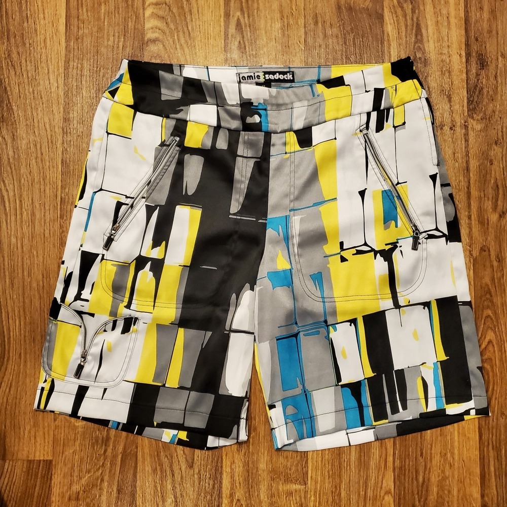 Vtg Jamie Sadock Shorts Women 12‎ Yellow White Black Tennis Pickleball Art Deco